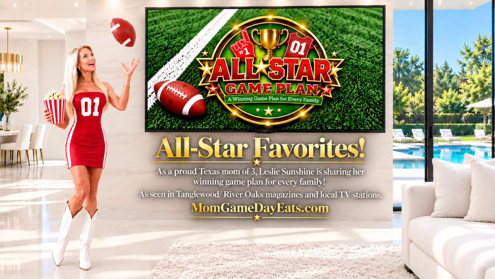 Leslie Sunshine in a red dress and white boots, smiling up at a football in a bright living room. Her All-Star Game Plan logo appears on the television, with her family favorites and website information below it.