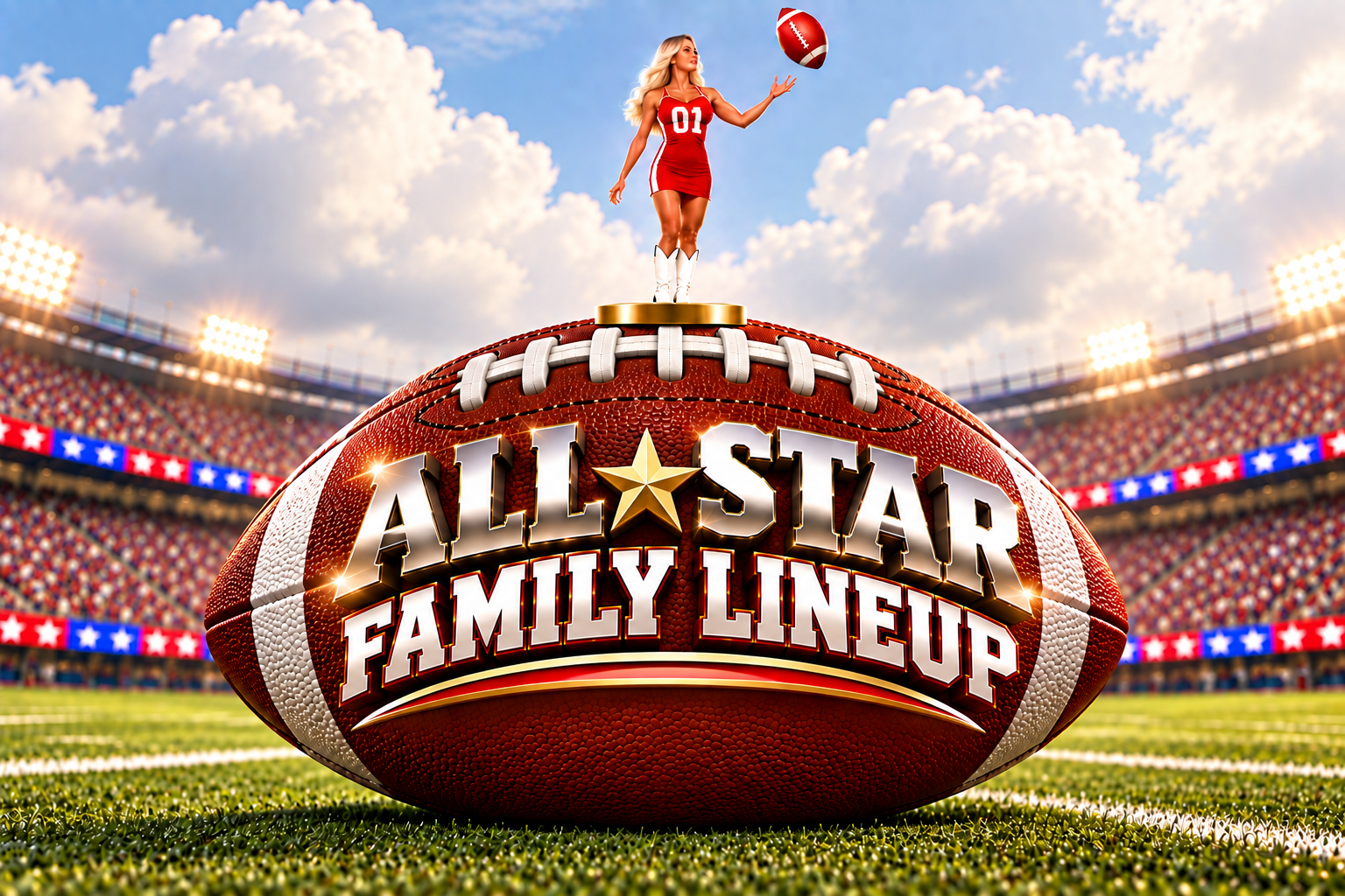 Leslie Sunshine stands atop a giant football and tosses a football above a stadium. The football features the All-Star Family Lineup design.