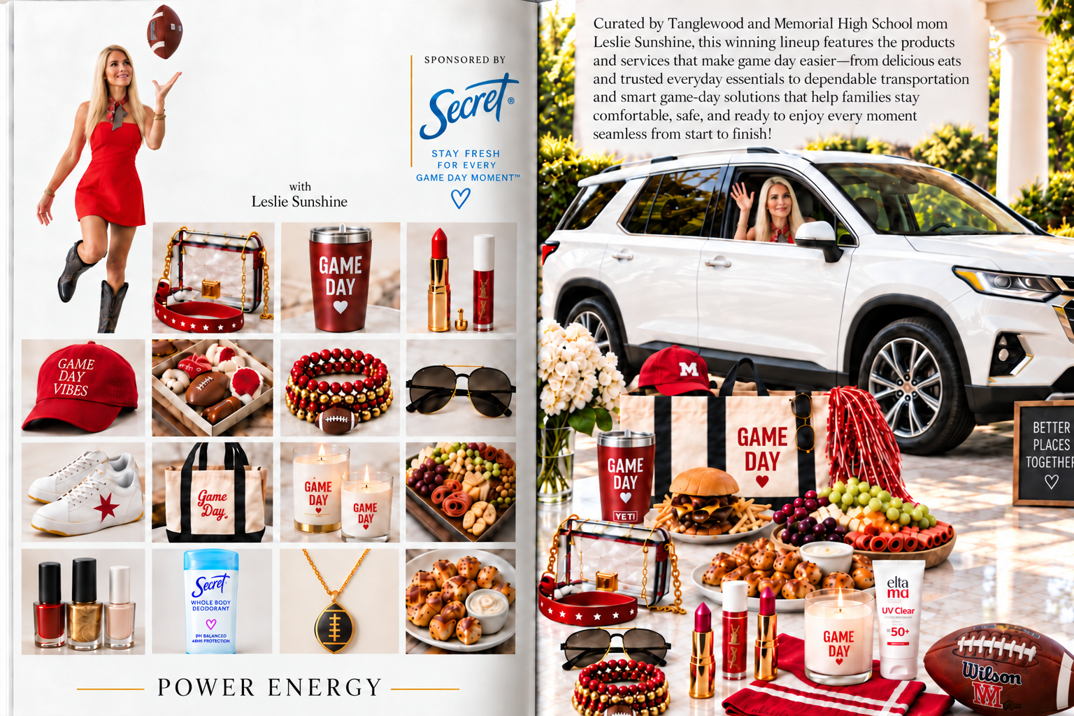 All-Star Game Plan editorial spread featuring Leslie Sunshine, game-day products, food and rideshare