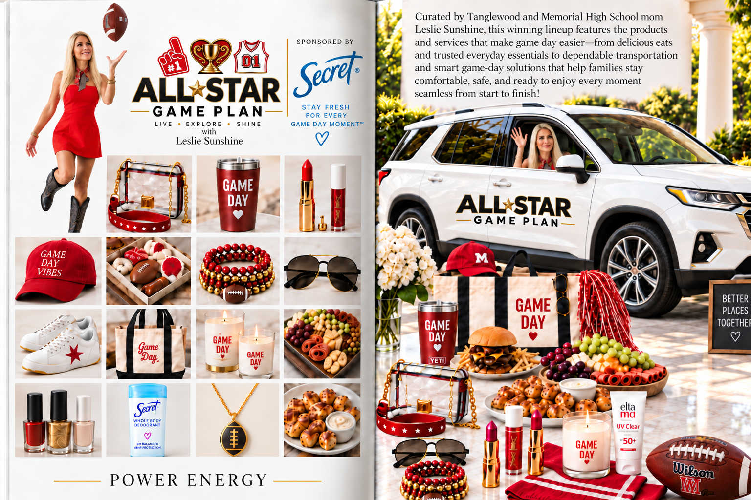 All-Star Game Plan editorial spread featuring Leslie Sunshine, game-day products, food and rideshare