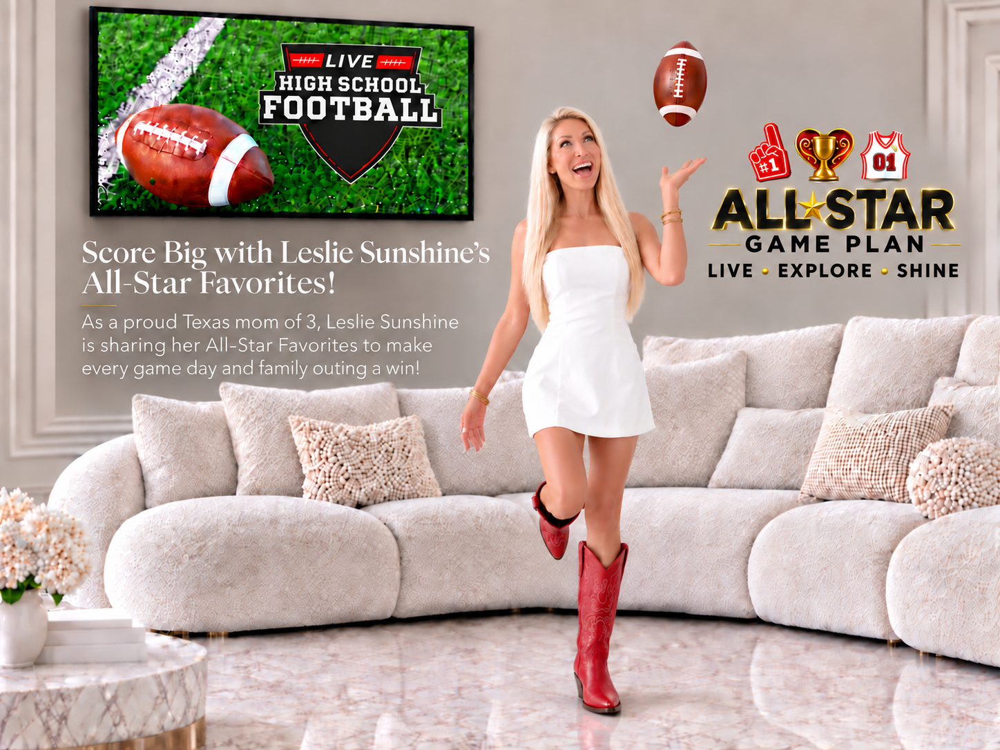 Leslie Sunshine jumping beneath a football in a white dress and red cowboy boots, alongside a crisp metallic-gold All-Star Game Plan logo with a large Live Explore Shine tagline